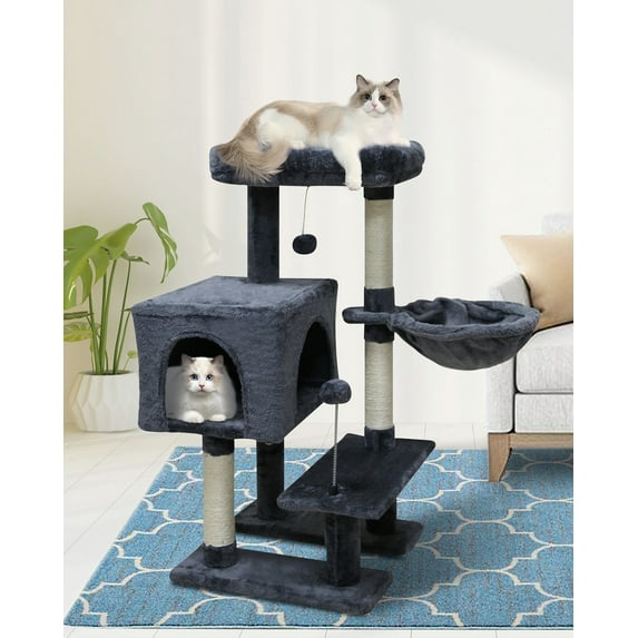 Smoky Grey Cute Cat Tree Tower for Indoor Cats - Condo with Sisal Scratching Posts,Jump Platform Cat Furniture Activity Center Play House Bed