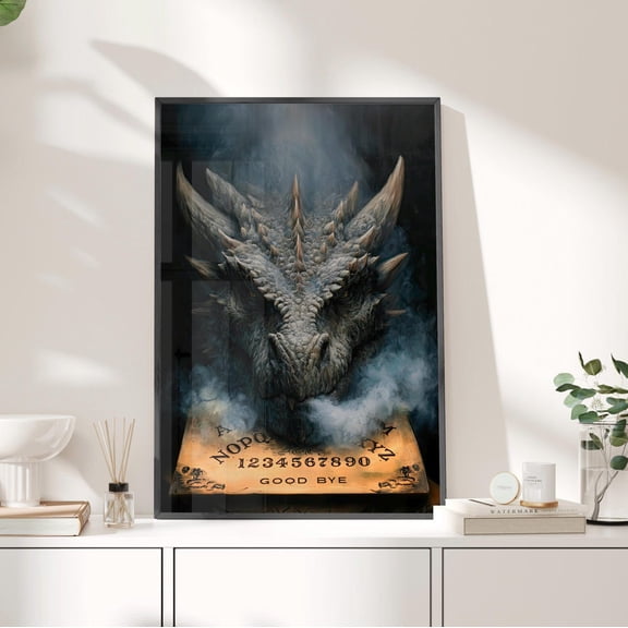 Smoky Grey Dragon Over Ouija Board Supernatural Mythic Art Witchy Dark Fantasy Gothic Wall Decor, Unframed Poster