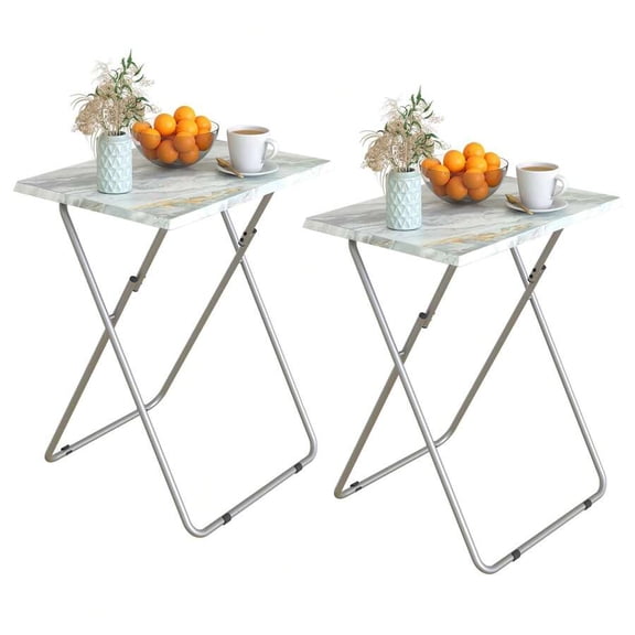Smoky Grey Marble Folding TV Tray Table Set, 2PCS, Sturdy MDF Top With Silver-Tone Metal Frame, No Assembly Required