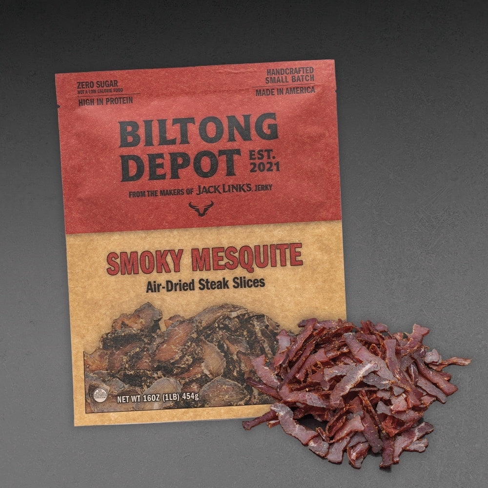 Biltong Depot Smoky Mesquite Steak Slices (1 pound): High Protein Snack, No Sugar, Smoked Natural Dried Beef Jerky