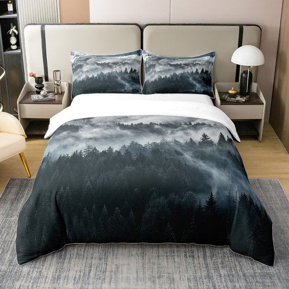 Smoky Mountain Bedding Pineforest Duvet Cover Queen Grey Trees Natural Scenery Art Comforter Cover Mountain with Firforest and Arrow Folk Style Retro Print Decorative Bedding Set with 2 Pillow Shams
