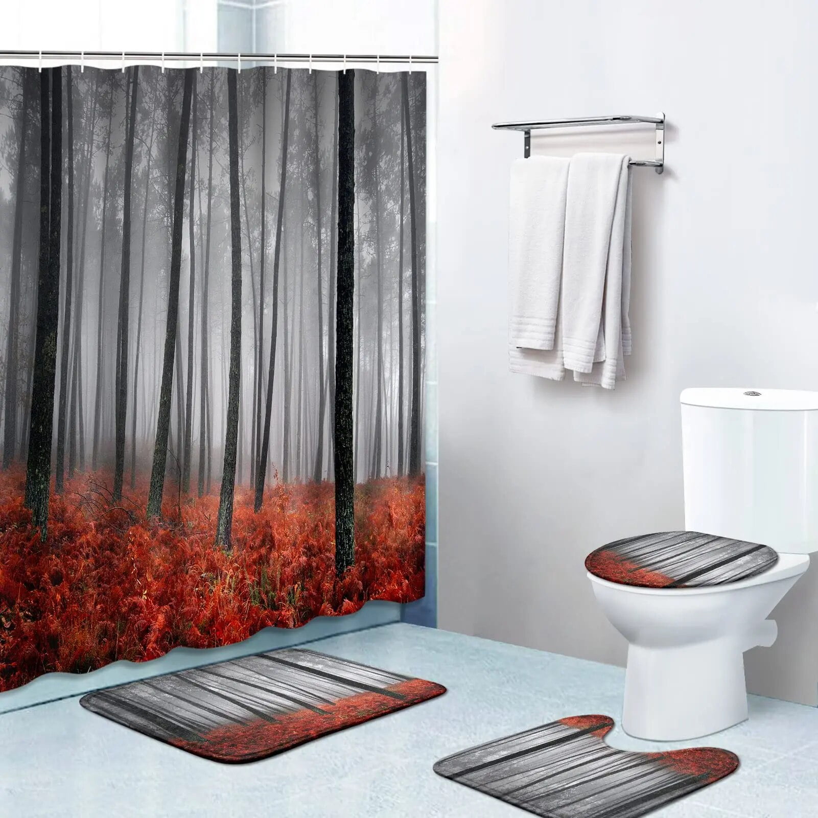 Smoky Mountain Forest Shower Curtain Set with NonSlip Rug Toilet Lid