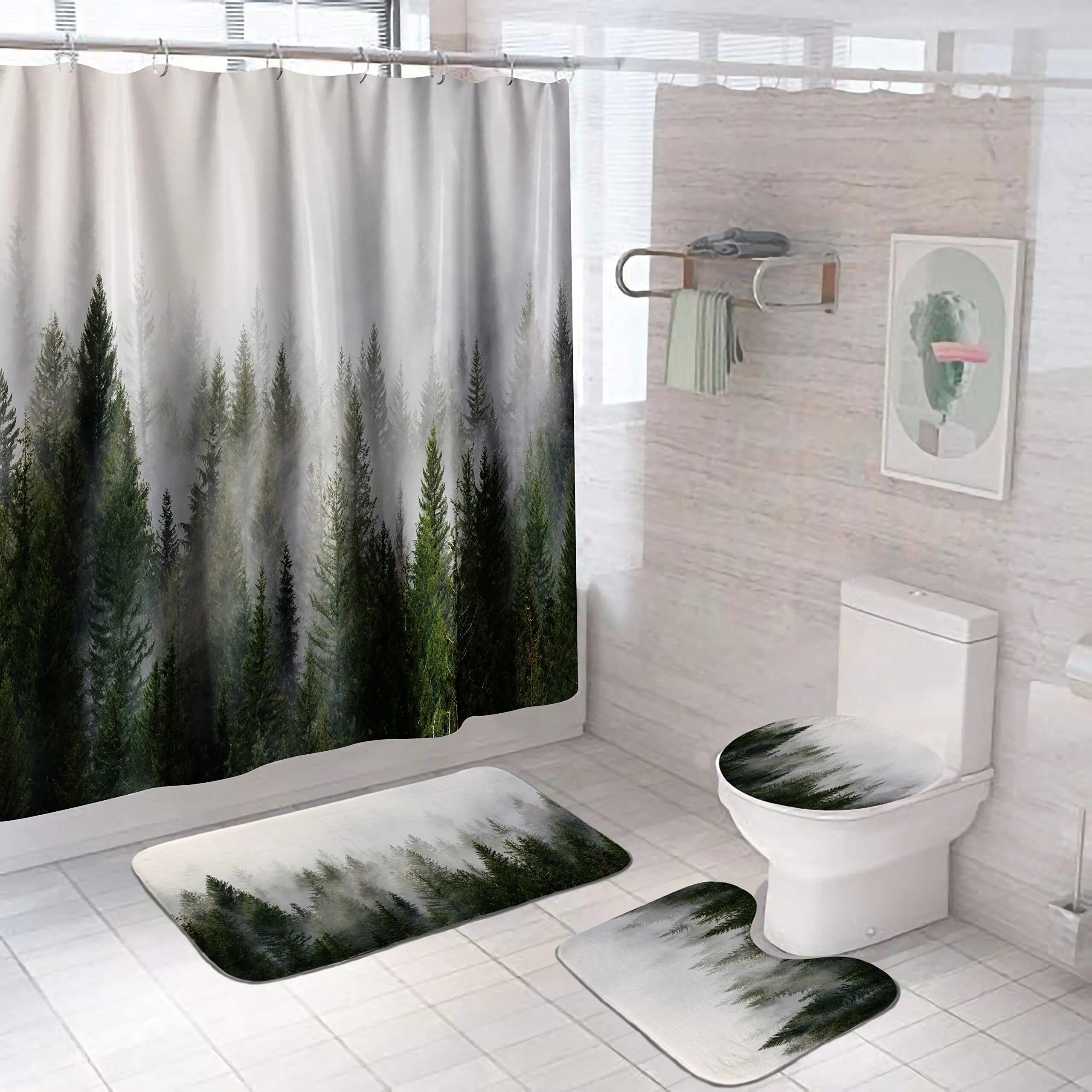 Smoky Mountain Forest Shower Curtain Set with NonSlip Rug Toilet Lid