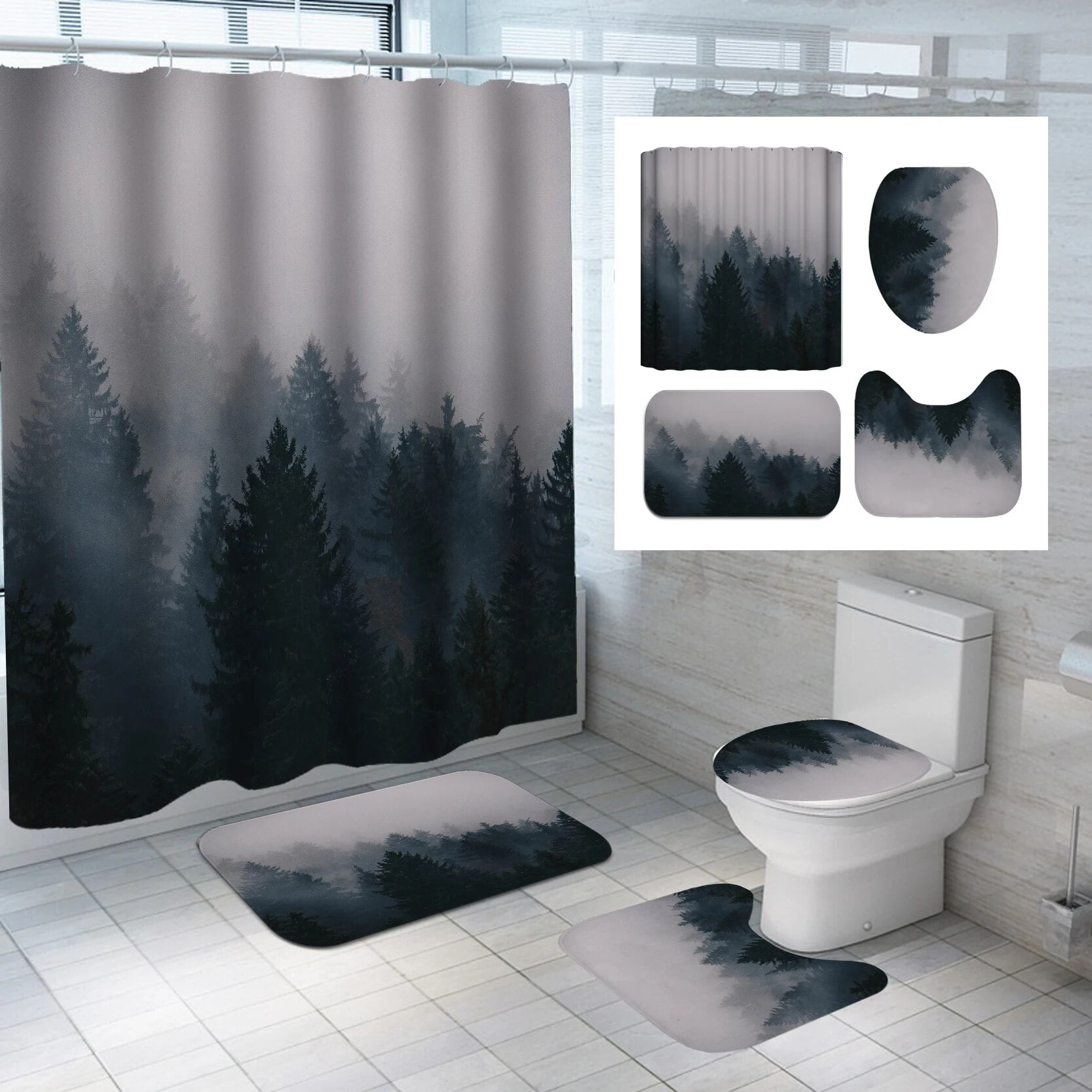 Smoky Mountain Forest Shower Curtain Set with NonSlip Rug Toilet Lid