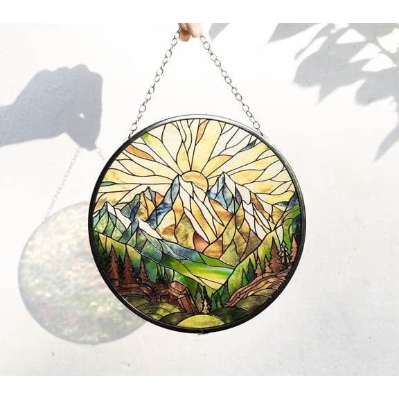 Smoky Mountain Sunset Stained Glass Suncatcher - Handcrafted Art Piece,Scenic Landscape Design,Nature Inspired Window Panel,Unique Summer Gift for Home,Indoor Wall Decor