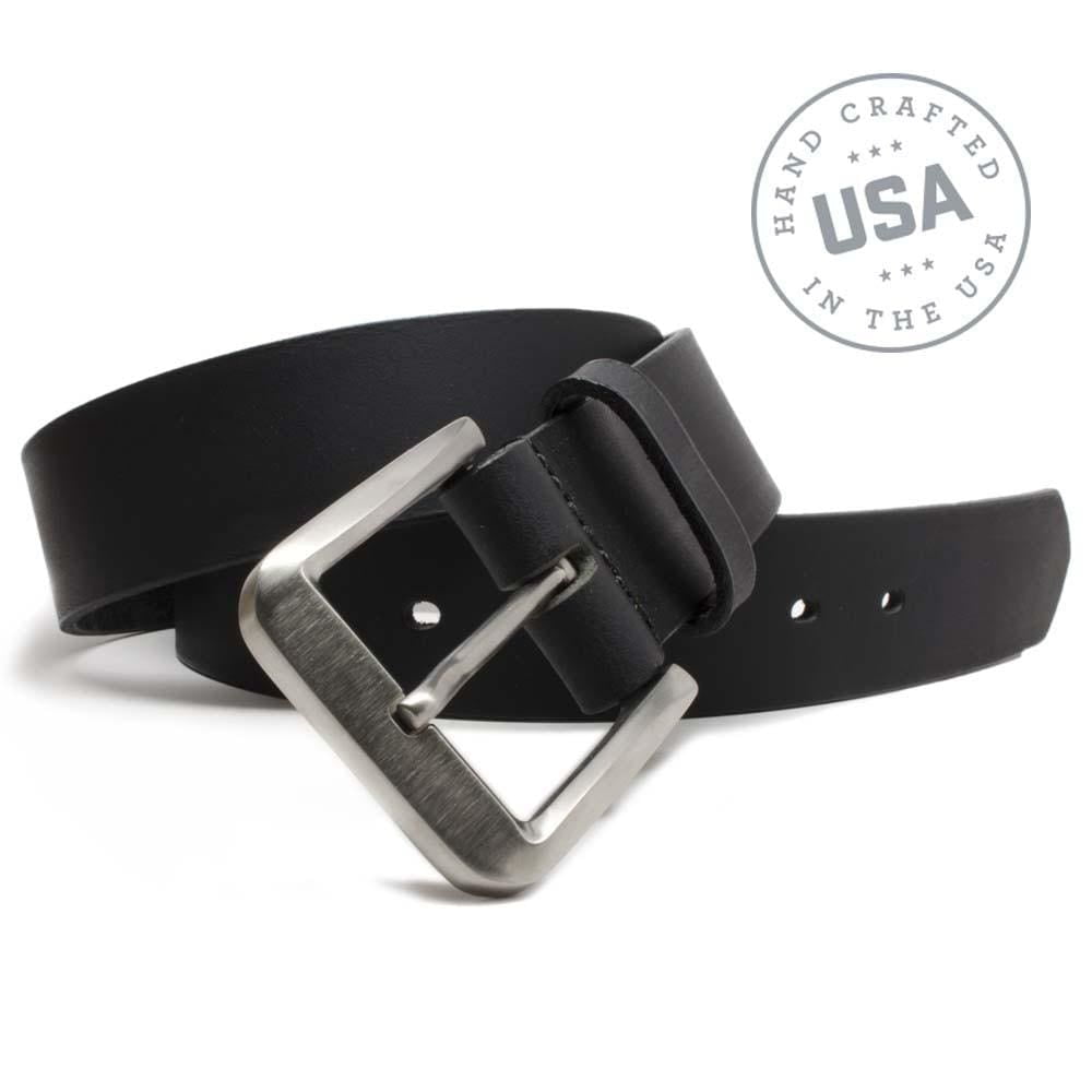 Made in USA 1.5 inch Black Genuine Leather Belt | Titanium Buckle 40 inch / Black / Titanium/Leather