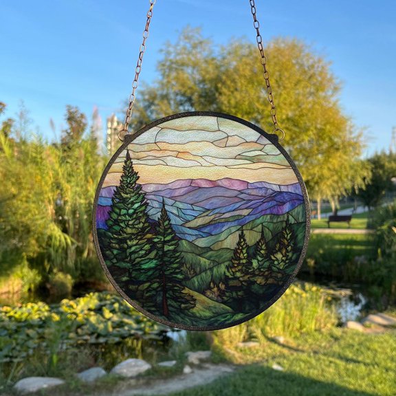 Smoky Mountains Glass Suncatcher, Window Hanging Decor Nature Scenery Wall Art, 3.5 in