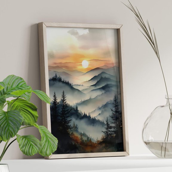 Smoky Mountains Sunset Scene National Park Foggy Forest Sunrise Art Decor, Stretched Canvas