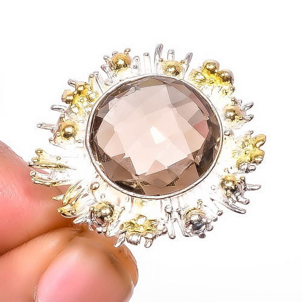Smoky Quartz 925 Sterling Silver Two Tone Gold Plated Ring s.8 R1-40, Christmas Gift, Gemstone Silver Jewelry, Quartz Ring, New Year Sale