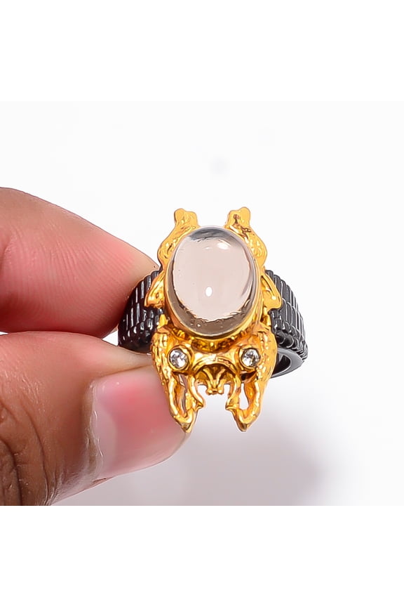 Smoky Quartz - Brazil & White Topaz 925 Sterling Silver Frog Ring S.7.5 R87520, Christmas Gift