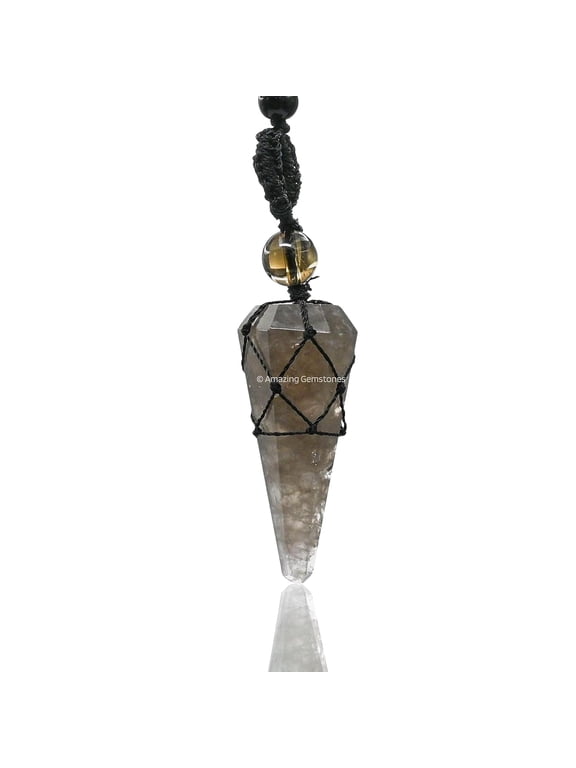 Smoky Quartz Crystal Stone Holder Necklace Pendulum, Unique Women Men Necklace (Black Macrame)