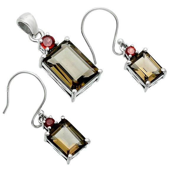 Smoky Quartz & Garnet 925 Sterling Silver Pendant Earrings Jewelry Set T-1019 AGT1009_D