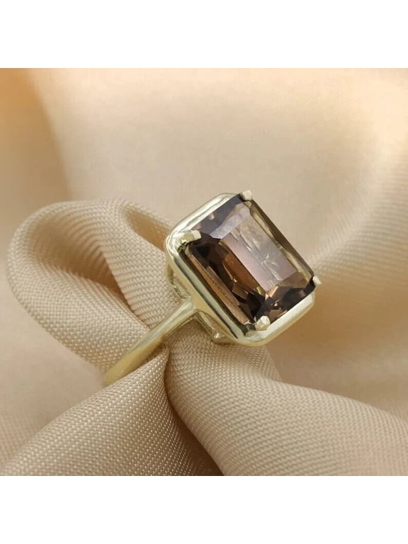 Smoky Quartz Gemstone 14k Gold Ring Emerald Cut Cocktail Ring Engagement Ring