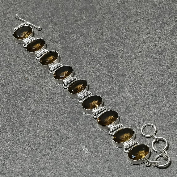 Smoky Quartz Gemstone Bracelet Oval Shape Handmade Adjustable Chain Jewelry 8"