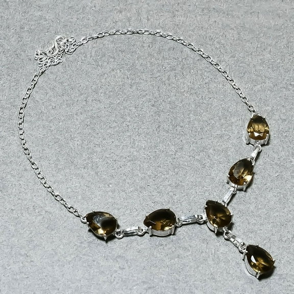 Smoky Quartz Gemstone Necklace Handmade Adjustable Chain Pear Shape Jewelry 18"