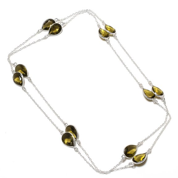 Smoky Quartz Gemstone Necklace Handmade Antique Design Pear Shape Jewelry 36"