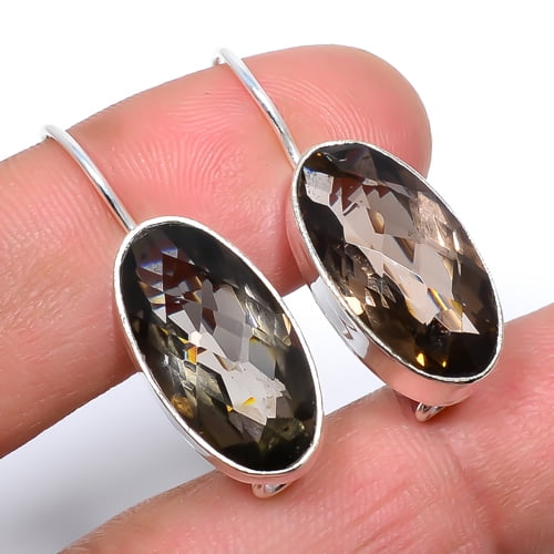 ZAM GEMS Smoky Quartz Handmade 925 Silver Plated Jewelry Earring 1.09" T977, Valentine's Day Gift, Birthday Gift, Beautiful Jewelry For Woman & Girls