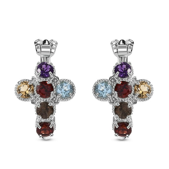 Smoky Quartz Multi Gemstone Platinum Plated Cross Hoops Hoop Earrings Ct 2.37 Catholic Faith Christian Religious Birthday Jewelry Birthday Christmas Gifts for Women