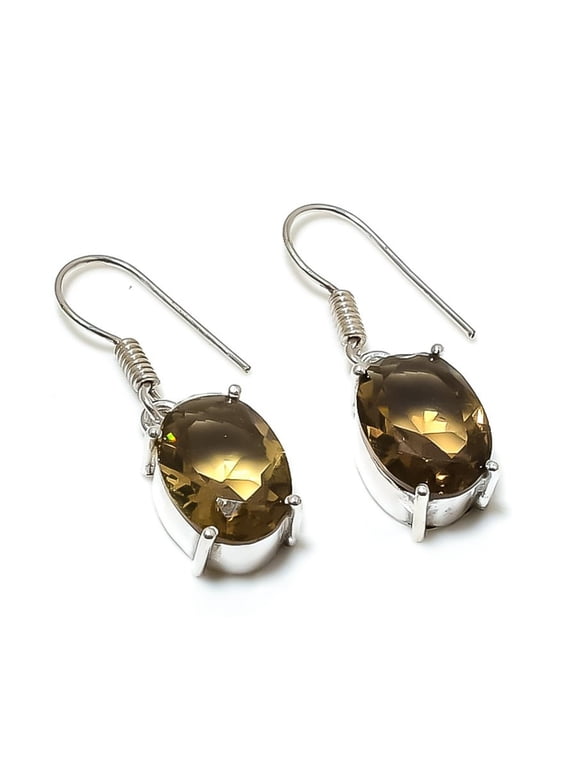 Smoky Quartz Oval Shape Gemstone Solitaire Earring Handmade Amazing Jewelry 1.4"