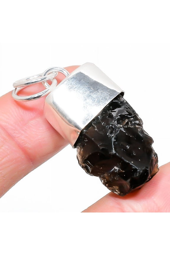 Natural Smoky Rough Gemstone Handmade 925 Sterling Silver Pendant 1.58"