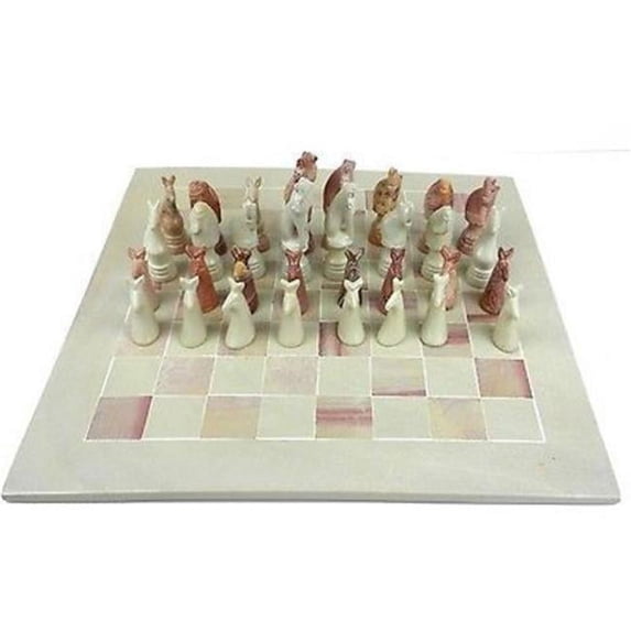 Smolart Hand Carved Soapstone Animal Chess Set Board, 15 in.