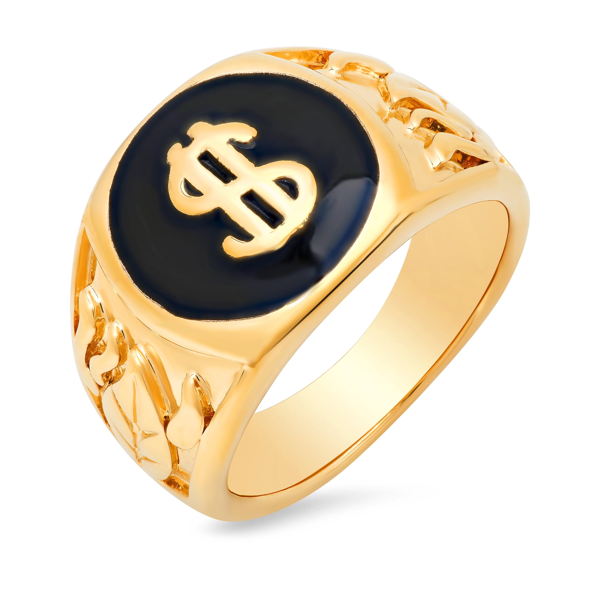 Smooth 14k Yellow Gold Plated Black & Gold Dollar Sign Signet Ring 