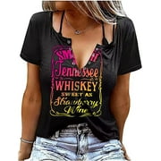 VKEGNIO Smooth As Tennessee Whiskey Sweet As Strawberry Wine Shirts Country Music V Neck T-Shirt Women Graphic Casual Tee Tops