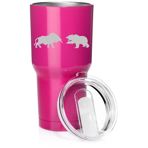 Smooth Body Tumbler Stainless Steel Vacuum Insulated Travel Mug Cup Gift Bull vs Bear Stock Market Day Trader (30 oz, Hot Pink)
