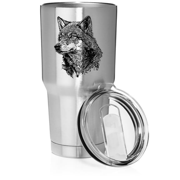 Smooth Body Tumbler Stainless Steel Vacuum Insulated Travel Mug Cup Gift Wolf Head (Stainless Steel, 30 oz)