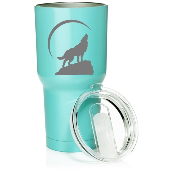 Smooth Body Tumbler Stainless Steel Vacuum Insulated Travel Mug Cup Gift Wolf Howling At Moon (Teal, 30 oz)