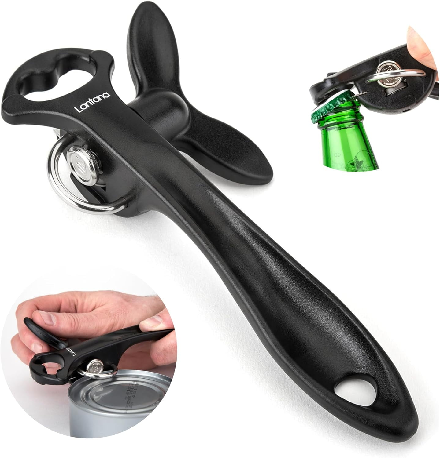 Smooth Edge Can Opener with Bottle Cap Lifter - Hand Held Manual Safety Tin Black/Stainless Steel