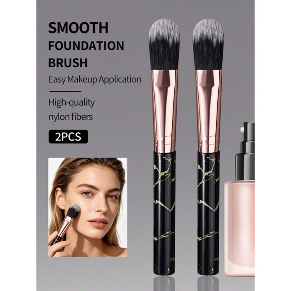 Smooth Foundation Brush Set Black Marble Handle 2PCS Nylon Fiber