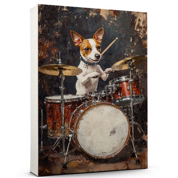 Smooth Fox Terrier Dog Playing Drum Kit Stretched Canvas Size 8x12 – Music Dog, Perfect for Animal Lovers, Smooth Fox Terrier Dog Canvas, Drum Kit Canvas Size Wall Art