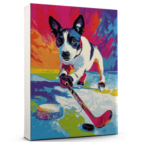 Smooth Fox Terrier Dog Playing Ice Hockey Canvas Canvas Vintage Style Smooth Fox Terrier Dog Art for Ice Hockey Fans, Great Gift for Dog Owners