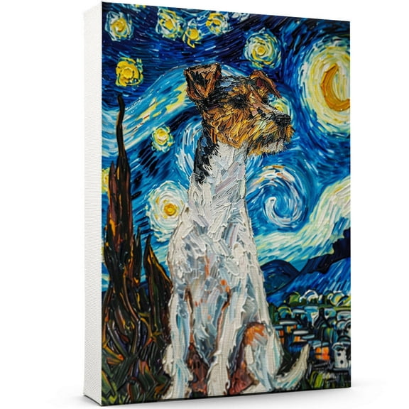 Smooth Fox Terrier Dog Starry Night Canvas Wall Art Prints, Dog Art Canvas Painting Poster,Pet Canvas Painting Puppy Artwork 8x12 inches