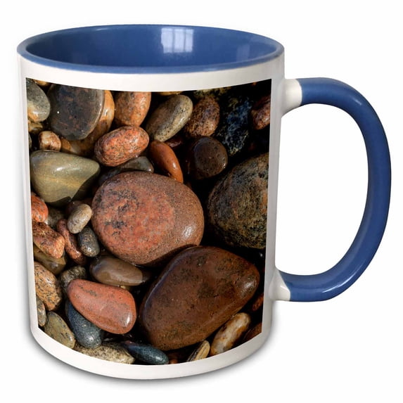 3drose, Smooth Granite Pebbles on Beach of Lake Superior, Michigan., 15oz Two-tone Blue Mug