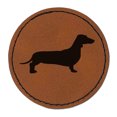 thumbnail image 1 of Smooth Haired Dachshund Dog Solid 2.5" Faux Leather Round Engraved Iron-On Patch - Brown, 1 of 6
