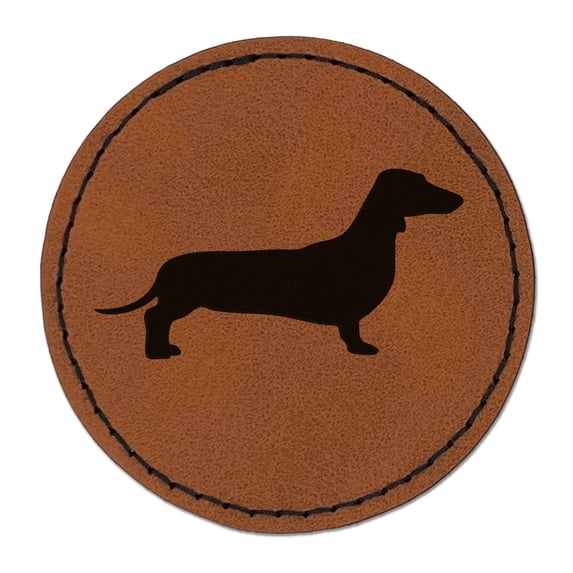 Smooth Haired Dachshund Dog Solid 2.5" Faux Leather Round Engraved Iron-On Patch - Brown
