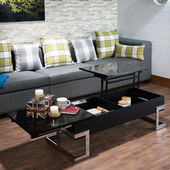 Smooth Metal Rail Lift Top / Coffee Table with 2 Storage Compartments in Black