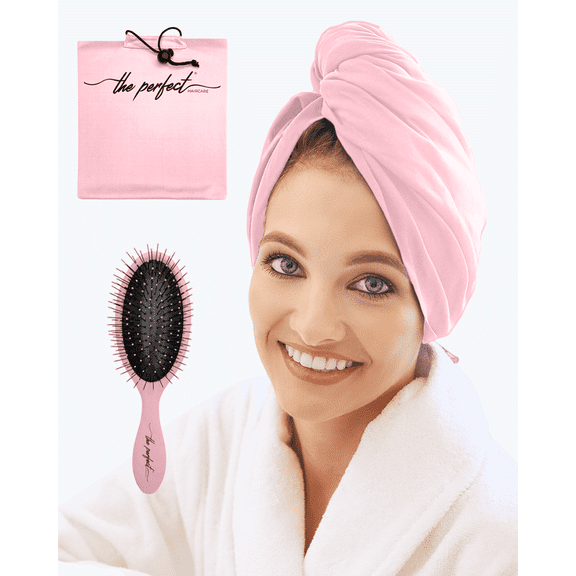 Smooth Microfiber Hair Towel with Wet / Dry Hair Brush - Pink