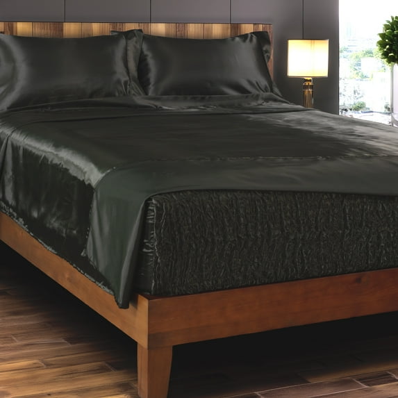 Smooth Satin BedTite Sheet Set, California King, Black – Wrinkle-Resistant, Deep Pocket, Soft & Secure Fit