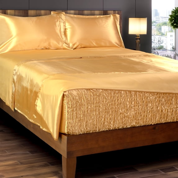 Smooth Satin BedTite Sheet Set, California King, Gold – Wrinkle-Resistant, Deep Pocket, Soft & Secure Fit