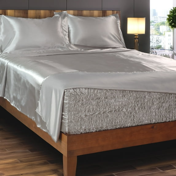 Smooth Satin BedTite Sheet Set, Full, Silver – Wrinkle-Resistant, Deep Pocket, Soft & Secure Fit