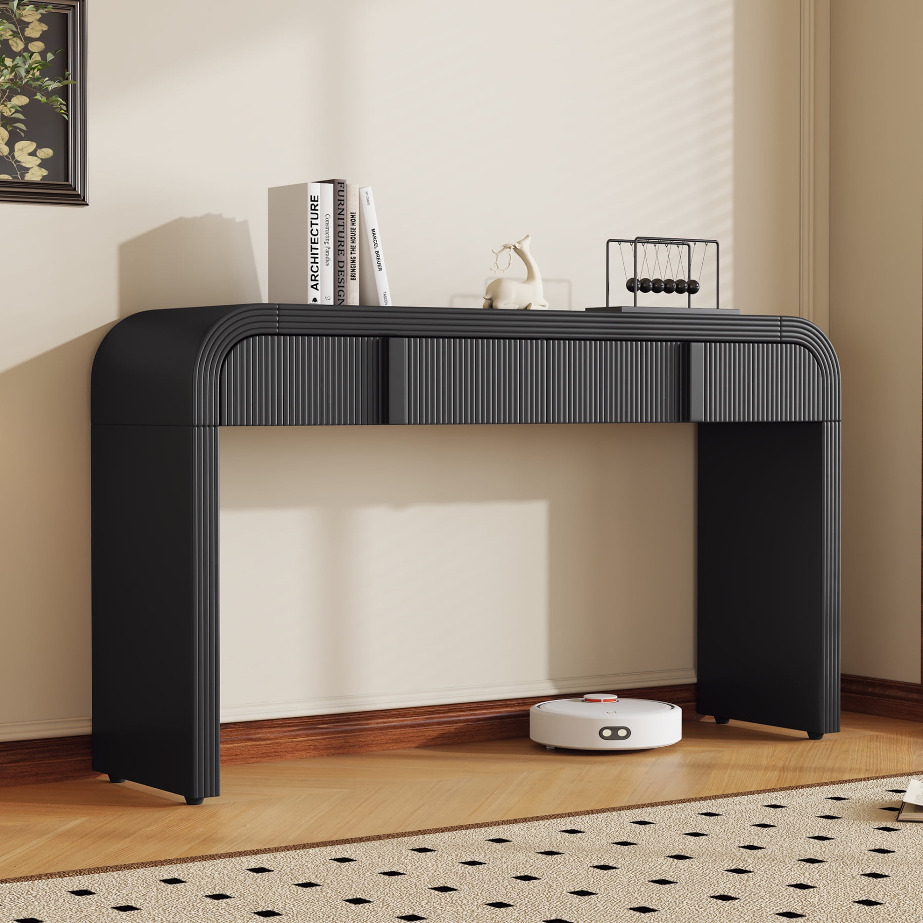 Smooth Surface Console Table, Unique Modern Rounded Silhouette  Table Console with 2 Drawers, Tall Console Table for Living Room and Entryway, Black
