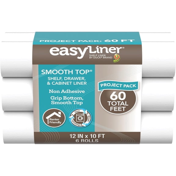 Smooth Top EasyLiner for Cabinets & Drawers, Easy to Install, Shelf Paper & Drawer Liner Non Adhesive, Non Slip Shelf Liner for Pantry, Kitchen Essentials, 12 in x 10 ft (6 Pack), 60 ft, White