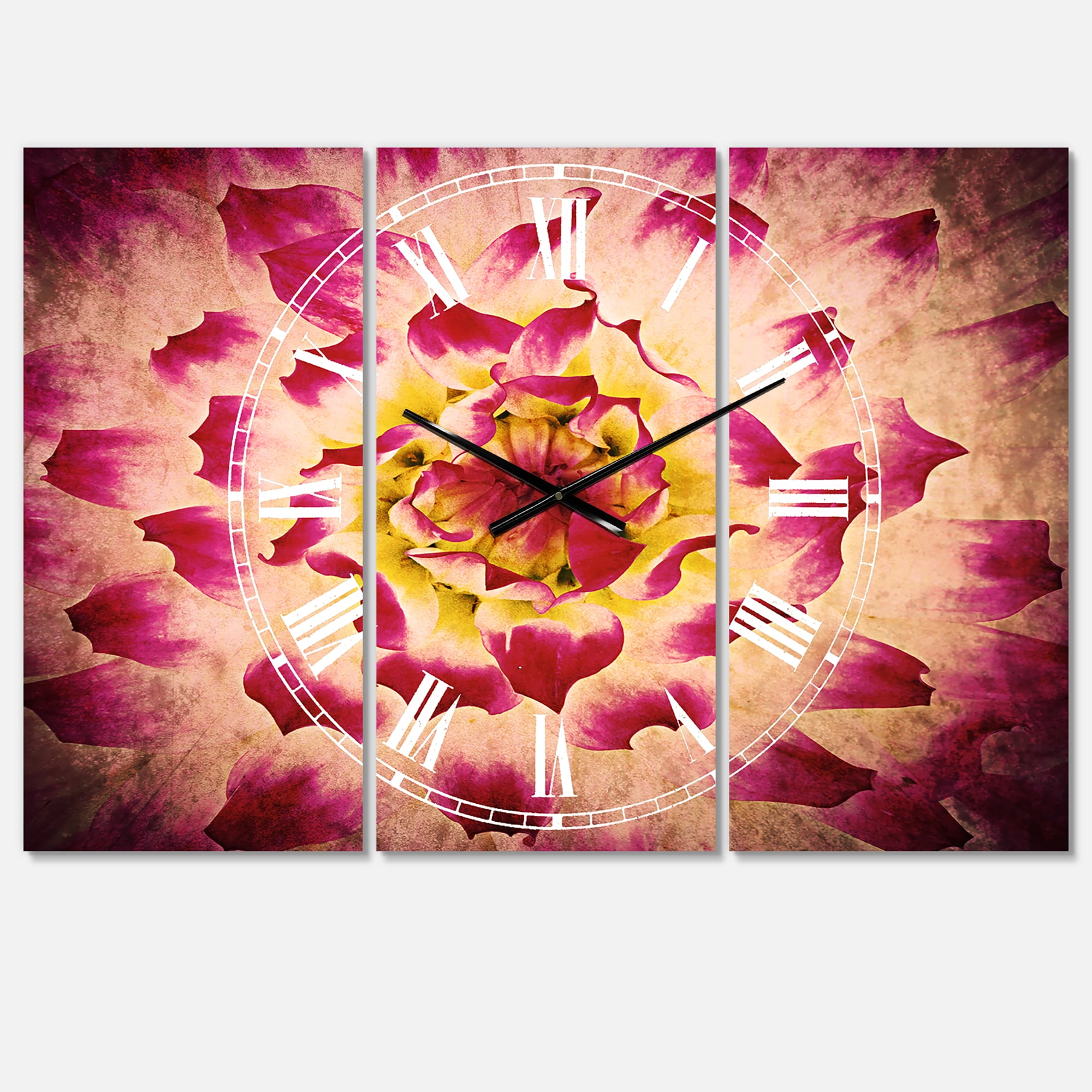 Smooth White Rose Flower Petals' Cottage 3 Panels Oversized Metal Clock - 36 in. wide x 28 in. high - 3 panels