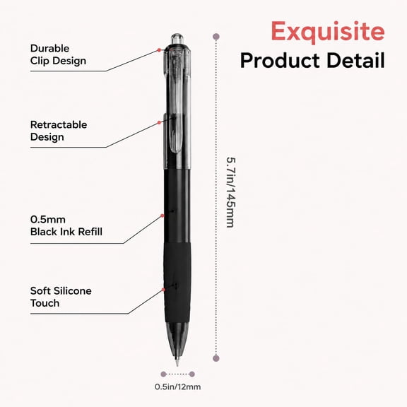 Smooth Writing: 2026 New 0.5mm Retractable Black Ballpoint Pens, 5 Pack Medium Fine Point, Quick Drying Ink, Durable Stationery for Office & Daily Use