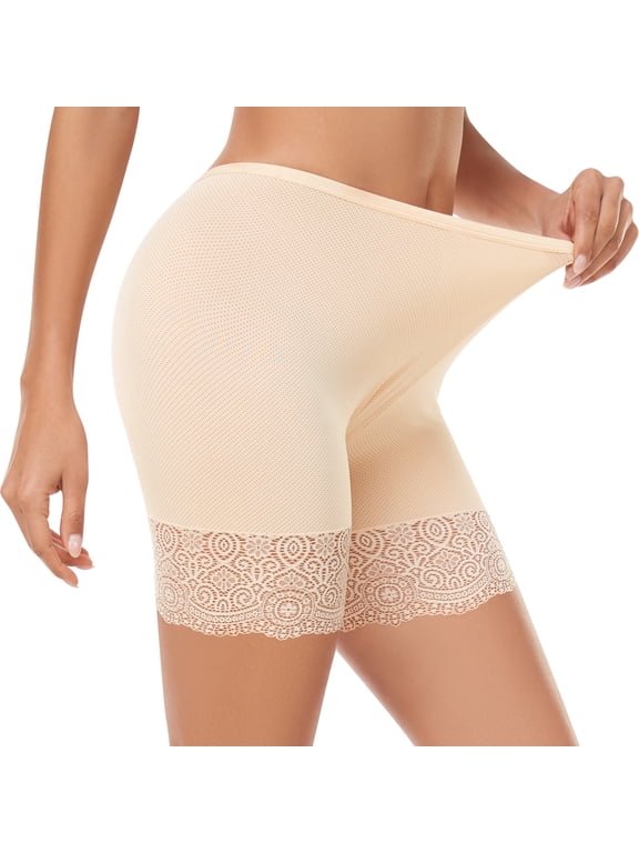 Women's Lace Slip Shorts for Under Dresses, High Waisted Cooling Anti Chafing Shorts, Under Shorts for Womenn(Nude,L)