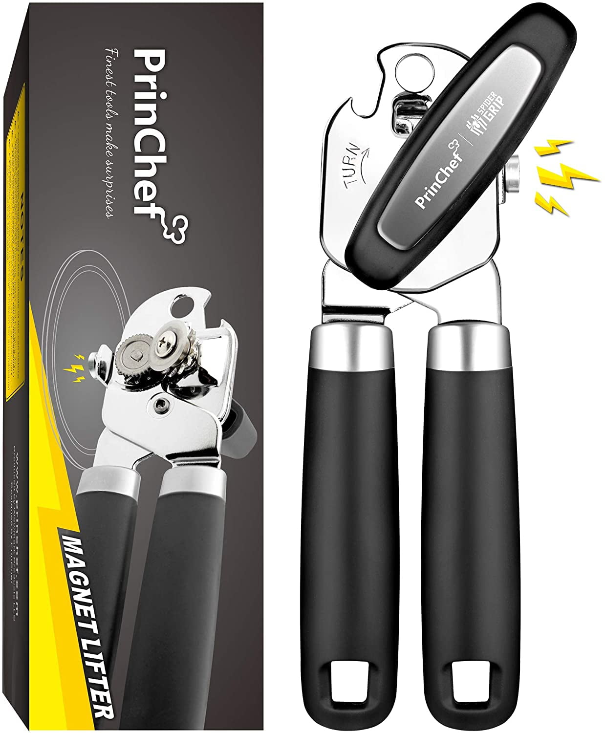 Spider Grip Manual Can Opener With Magnet - Smooth Edge, Ergonomic Soft Grip Handles, Includes Bottle Opener (Black)