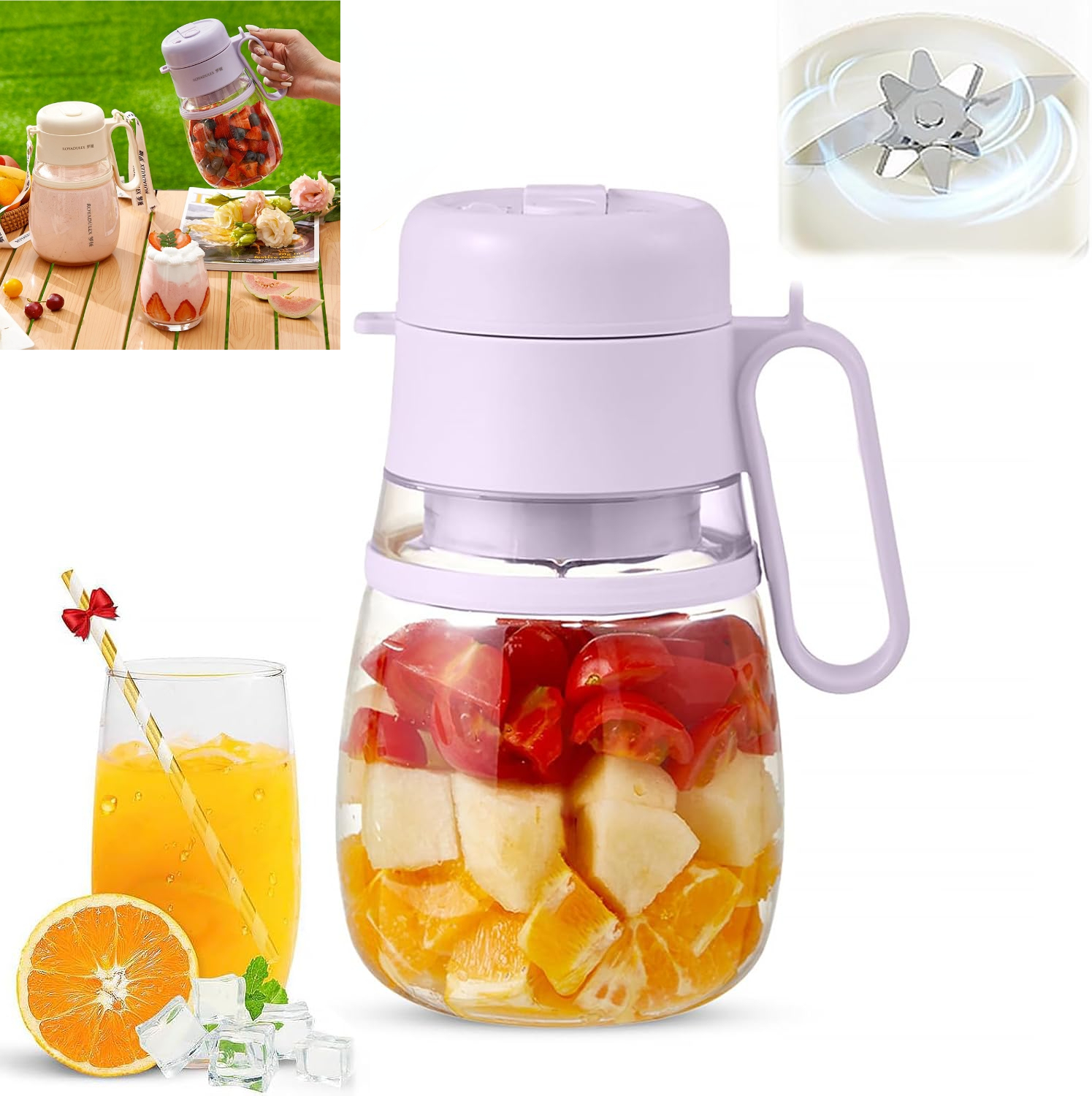 My Smoothies Cup Blender, 1000ML Portable Small Juice Cup with Handle/Strap, Rechargeable Multi-Function Juicer Juice Cup for Gym/Travel/Kitchen (Purple)
